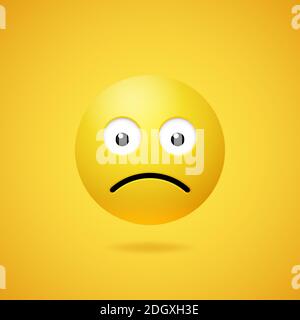 Unglückliches trauriges Emoticon mit geöffneten Augen und Mund auf gelbem Hintergrund. Vektor lustige gelbe Karikatur Emoji-Symbol. 3D-Illustration für Chat oder mes Stock Vektor