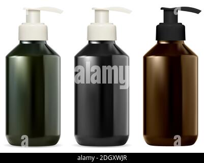 Pumpspender Flasche. Flaschen für kosmetische Pumpen leer. Flüssigseifenbehälter in schwarzer, grüner und brauner Farbe. Realistische Handcreme- oder Gelpackung. Dusche lo Stock Vektor