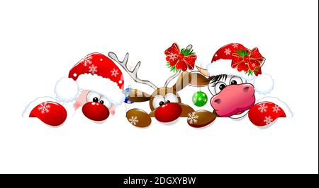Weihnachtsmann, Hirsch und Kuh auf weißem Hintergrund. Comic-Figuren sind in einem Weihnachtsmann Hut gekleidet und mit Weihnachtsdekorationen verziert. Stock Vektor
