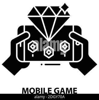 Mobile Spiel Symbol, schwarz Vektor-Zeichen mit editierbaren Striche, Konzept Illustration Stock Vektor