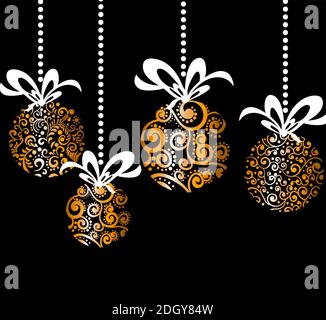 Komposition von hängenden abstrakten weihnachtskugeln. Florales, gepunktetes und geschwungenes Linienmuster. Vektor Stock Vektor