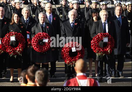 Der Vorsitzende der Liberaldemokraten Jo Swinson, der Vorsitzende der SNP Westminster Ian Blackford, der Vorsitzende der Labour-Partei Jeremy Corbyn und Premierminister Boris Johnson beim Nationalen Gedenkdienst im Cenotaph, Whitehall, London. Bildnachweis sollte lauten: Doug Peters/EMPICS Stockfoto