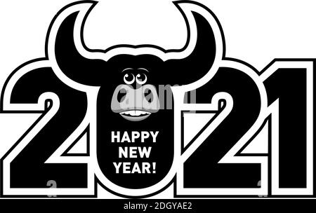 2021 Jahre Logo-Design. Chinesisches neues Jahr des Ochsen. Metall Ochse Horoskop Zeichen. Neues Jahr lustige Symbol. Flacher Vektor Ox-Zeichen isoliert auf transparentem Hintergrund Stock Vektor