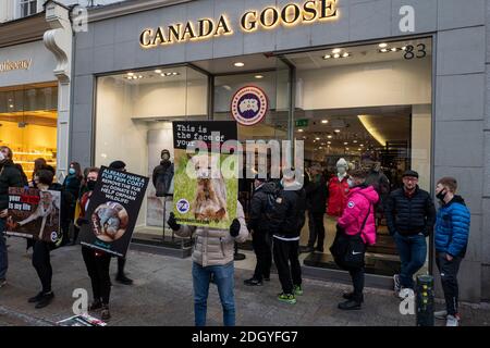 Anti-Pelz-Demonstranten vor Canada Goose Store in der Grafton Street in Dublin, Irland Stockfoto