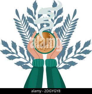 Zusammensetzung einer Tasse mit heißem Getränk von zwei Händen gehalten. Dekorative Zweige mit Blättern im Hintergrund. Vektor Stock Vektor