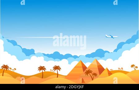 Blauer Himmel mit Wolken und ein Flugzeug, das über die gelbe Sandwüste fliegt. Airliner über eine Oase in der Wüste mit Palmen und Pyramiden. Abbildung, vec Stock Vektor