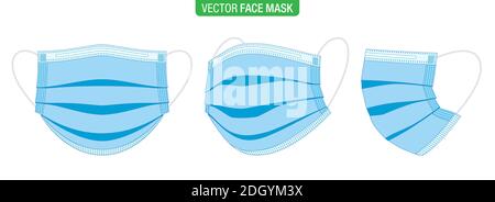 Chirurgische Gesichtsmaske, Vektorgrafik. Set von flachen Stil, blaue medizinische Masken, in verschiedenen Blickwinkeln, isoliert auf weiß. Virenschutzmaske, in Front-, Dreiviertel- und Seitenansichten. Stock Vektor