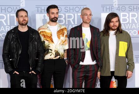 Will Farquarson, Kyle Simmons, Dan Smith und Chris Wood von Bastille kommen für die Brit Awards 2020 in der O2 Arena, London. Bildnachweis sollte lauten: Doug Peters/EMPICS Stockfoto