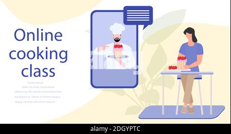 Vektor-Illustration Kochen Online-Meisterkurs Frau Kochen zu Hause während Streaming Online-Lektion Kochkunst Video-Kanal, Blog mit Koch Vorbereitung h Stock Vektor
