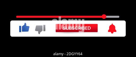 Video-Streaming-Plattform Unteres Drittel. Schaltfläche „Abonnieren“. Schaltflächen „Gefällt mir“ und „Gefällt mir nicht“. Vektorgrafik Auf Schwarzem Hintergrund. Vektorgrafik Stock Vektor