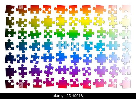Puzzleteile. Gemischte Regenbogen Farbverlauf Puzzle-Stücke, aber noch nicht zusammen gestellt - Illustration auf weißem Hintergrund. Stockfoto