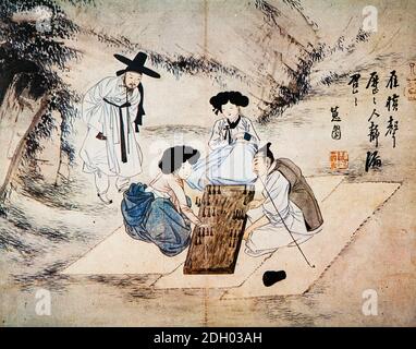 HEWON,SHIN YUN BOK,KANSONG MUSEUM,KOREANISCHES CUSTOM PICTURE 21, DICERS ZWISCHEN DEN HÜGELN,상륙삼매,혜원,신윤복,혜원전신첩,풍속화첩, Stockfoto