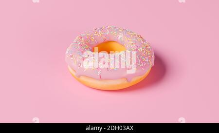 Rosa Donut mit bunten Streuseln im Stillleben auf rosa Hintergrund. Draufsicht. 3D-Illustration Stockfoto