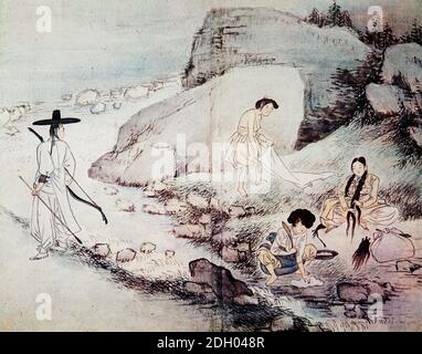 HEWON,SHIN YUN BOK,KANSONG MUSEUM,KOREANISCHES CUSTOM PICTURE 29, FRAUEN AM KRISTALLSTROM,계변가화,혜원,신윤복,혜원전신첩,풍속화첩, Stockfoto