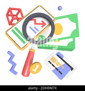 Finanzieller Erfolg - moderne farbenfrohe realistische 3d-Illustration. Geschäftsanalyse und Investitionsidee. Eine Komposition mit einem Smartphone mit Diagrammen o Stockfoto