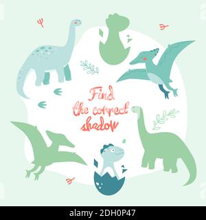 Lernspiel mit Dinosauriern - flaches Design-Stil Poster. Suchen Sie die richtige Schattenaufgabe. Prähistorische Zeiten, ausgestorbene Tiere, Infografiken für Kinder. Stock Vektor