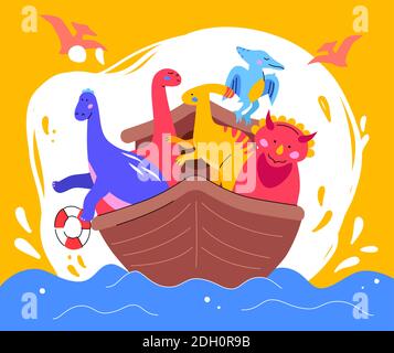 Dinosaurier auf einem Boot - flache Design-Stil Illustration mit Zeichen. Prähistorische Zeiten Poster Idee. Eine Komposition mit niedlichen Tieren, Ornitosaurus, pa Stock Vektor