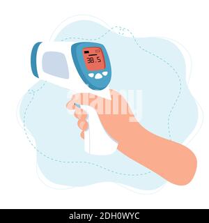 Körpertemperaturkontrolle, Infrarot-Thermometer mit Handhaltung. Stock Vektor