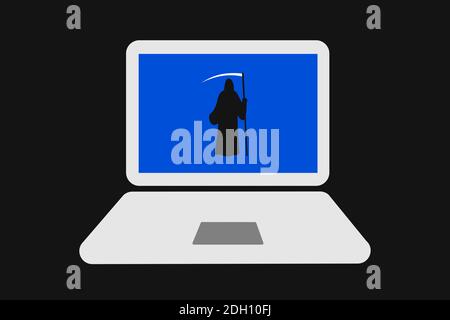 Computer und Tod als Blauer Bildschirm des Todes. Das Betriebssystem funktioniert nicht auf dem Computer nach Fehler und Zusammenbruch der Software. Problem, Problem und Stockfoto