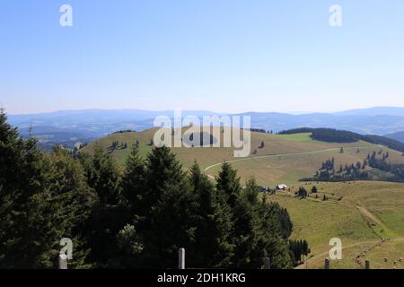 Blick auf eine Berglandschaft mit Wäldern und Wiesen Sommer Stockfoto