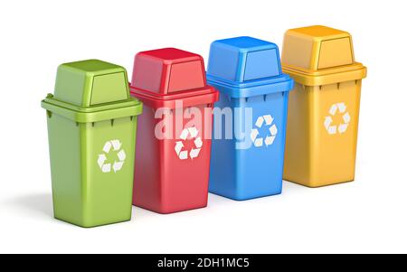 Vier bunte Recyclingbehälter 3D Stockfoto