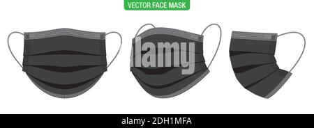 Schwarze Gesichtsmaske, Vektorgrafik. Set von flachen Stil OP-Masken, in verschiedenen Blickwinkeln, isoliert auf weiß. Virenschutz medizinische Maske, vor, drei Viertel, und Seitenansichten. Stock Vektor