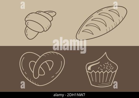 Backikonen-Set - frisches Brot, Croissant und Brezel mit Kuchen auf braunem und beigen Hintergrund im Doodle-Stil Stock Vektor