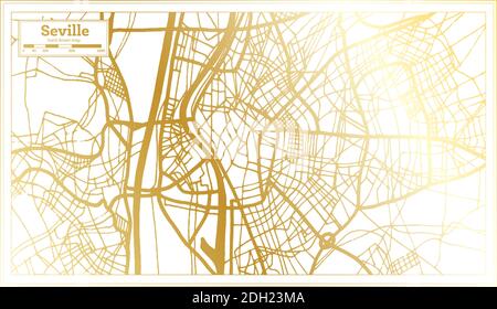 Sevilla Spanien Stadtplan im Retro-Stil in goldener Farbe. Übersichtskarte. Vektorgrafik. Stock Vektor