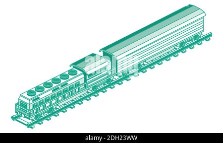 Isometrische Lokomotive. Vektorgrafik. Umriss Güterzug isoliert auf Weiß. Eisenbahnelemente. Stock Vektor