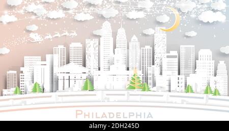 Philadelphia Pennsylvania USA City Skyline in Paper Cut Style mit Schneeflocken, Mond und Neon Girlande. Vektorgrafik. Stock Vektor