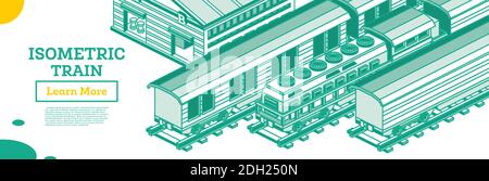 Isometrische Lokomotive. Vektorgrafik. Umriss Güterzug isoliert auf Weiß. Eisenbahnelemente. Stock Vektor