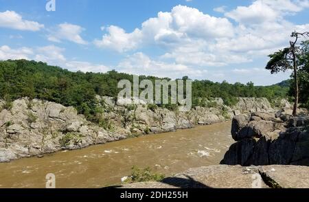 Der Potomac-Fluss, der durch heftige Regenfälle geschwollen ist, entlang der Felsklippen der Great Falls in Virginia, USA Stockfoto