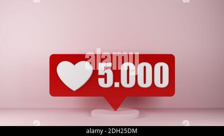 Symbol mit fünftausend „Gefällt mir“-Angaben mit Kopierbereich. 3d-Rendering Stockfoto