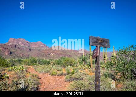 Eine Beschreibungstafel für die Trails im Apache Trail, Arizona Stockfoto