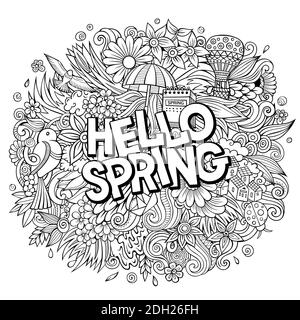 Hallo Frühling handgezeichnete Karikatur Kritzeleien Illustration. Witziges Saisondesign. Kreative Kunst Raster Hintergrund. Handgeschriebener Text mit Naturelementen und Stockfoto