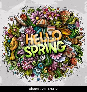 Hallo Frühling handgezeichnete Karikatur Kritzeleien Illustration. Witziges Saisondesign. Kreative Kunst Raster Hintergrund. Handgeschriebener Text mit Naturelementen und Stockfoto