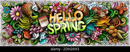 Hallo Frühling handgezeichnete Karikatur Kritzeleien Illustration. Saisonale lustige Objekte und Elemente Poster Design. Kreative Kunst Hintergrund. Bunte Rasterbann Stockfoto
