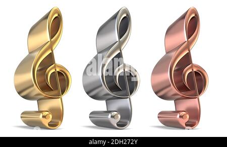 Goldene, silberne und bronzene Treble Claps 3D Stockfoto