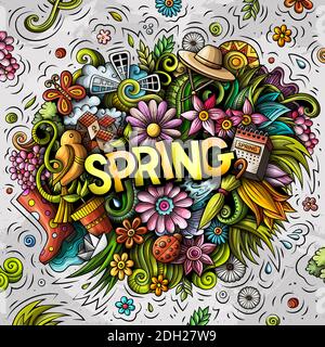 Frühling handgezeichnete Karikatur Kritzeleien Illustration. Witziges Saisondesign. Kreative Kunst Raster Hintergrund. Handgeschriebener Text mit Naturelementen und Objekten Stockfoto