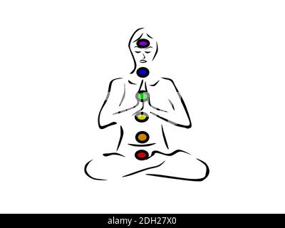 Person in Yoga-Position mit Chakra-Farben - 3d-Rendering Stockfoto