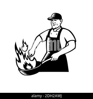 Chefkoch Flaming Pan Black and White Stockfoto