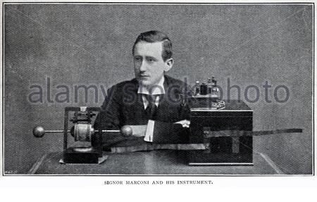 Marconi, 1874 – 1937, war ein italienischer Erfinder und Elektroingenieur, bekannt für seine Pionierarbeit im Fernfunk, Vintage Illustration aus den 1890er Jahren Stockfoto