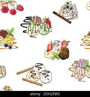 Süßes Eis Nahtloses Muster. Vektorgrafik, handgezeichnete Elemente. Ausgezeichneter Druck für Grußkarten, Kleidung, Bettwäsche, Stoff, Textilien, Stock Vektor