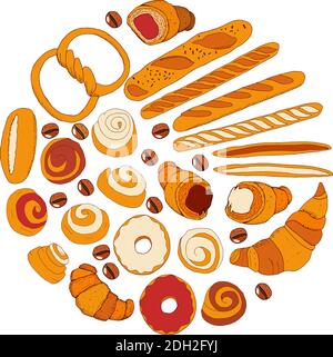 Set mit verschiedenen Arten von Bäckerei. Objekte auf Weiß isolieren. Für Ihr Design, Ankündigungen, Postkarten, Poster, Restaurant-Menü Stock Vektor