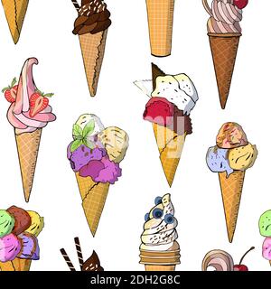 Süßes Eis Nahtloses Muster. Vektorgrafik, handgezeichnete Elemente. Ausgezeichneter Druck für Grußkarten, Kleidung, Bettwäsche, Stoff, Textilien, Stock Vektor