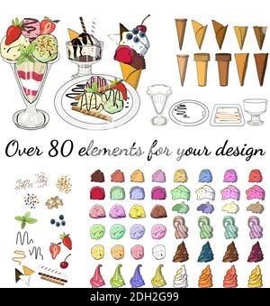 Vektor-Illustration Set von Eis auf weißem Hintergrund. Handgezeichnete Elemente. Stock Vektor