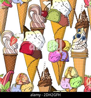 Süßes Eis Nahtloses Muster. Vektorgrafik, handgezeichnete Elemente. Ausgezeichneter Druck für Grußkarten, Kleidung, Bettwäsche, Stoff, Textilien, Stock Vektor