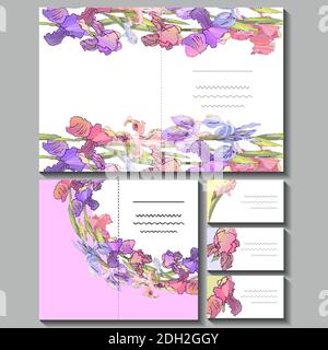 Set mit floralen romantischen Vorlagen. Iris. Für Design-Geschenkboxen, Ankündigungen, Postkarten, Poster, Einladungen, Visitenkarte. Stock Vektor