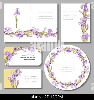 Set mit floralen romantischen Vorlagen. Iris. Für Design-Geschenkboxen, Ankündigungen, Postkarten, Poster, Einladungen, Visitenkarte. Stock Vektor