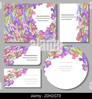 Set mit floralen romantischen Vorlagen. Iris. Für Design-Geschenkboxen, Ankündigungen, Postkarten, Poster, Einladungen, Visitenkarte. Stock Vektor